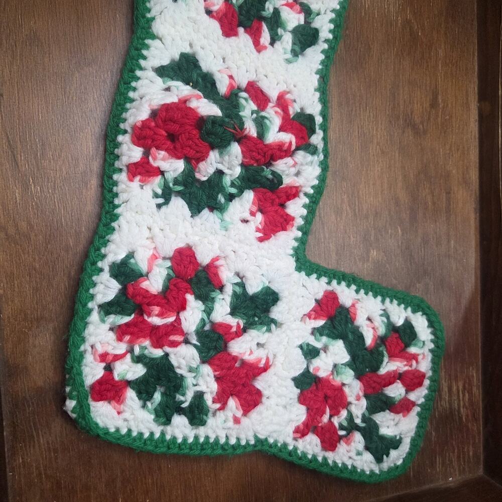 Vtg Handmade Crochet Granny Square Christmas Stocking White Red Green